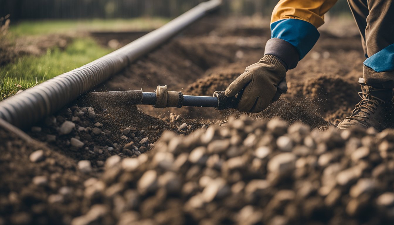A landscaper digs a trench and lays a perforated pipe surrounded by gravel, to create a French drain in a waterlogged yard in Southern Ontario