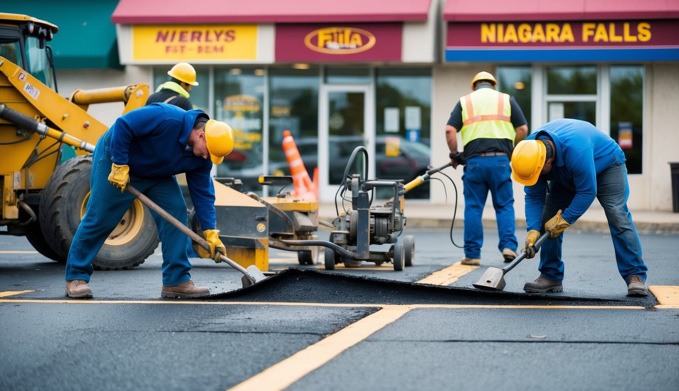 A group of workers repairing a damaged section of asphalt in front of a business in Niagara Falls. The workers are using heavy machinery and tools to fill in and smooth out the damaged area
