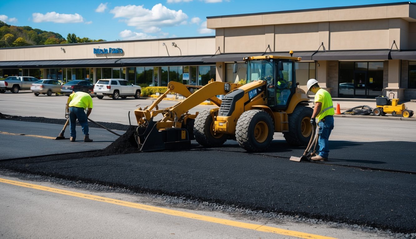 A crew of workers uses heavy machinery to repair a large section of asphalt in front of a commercial building in Niagara Falls