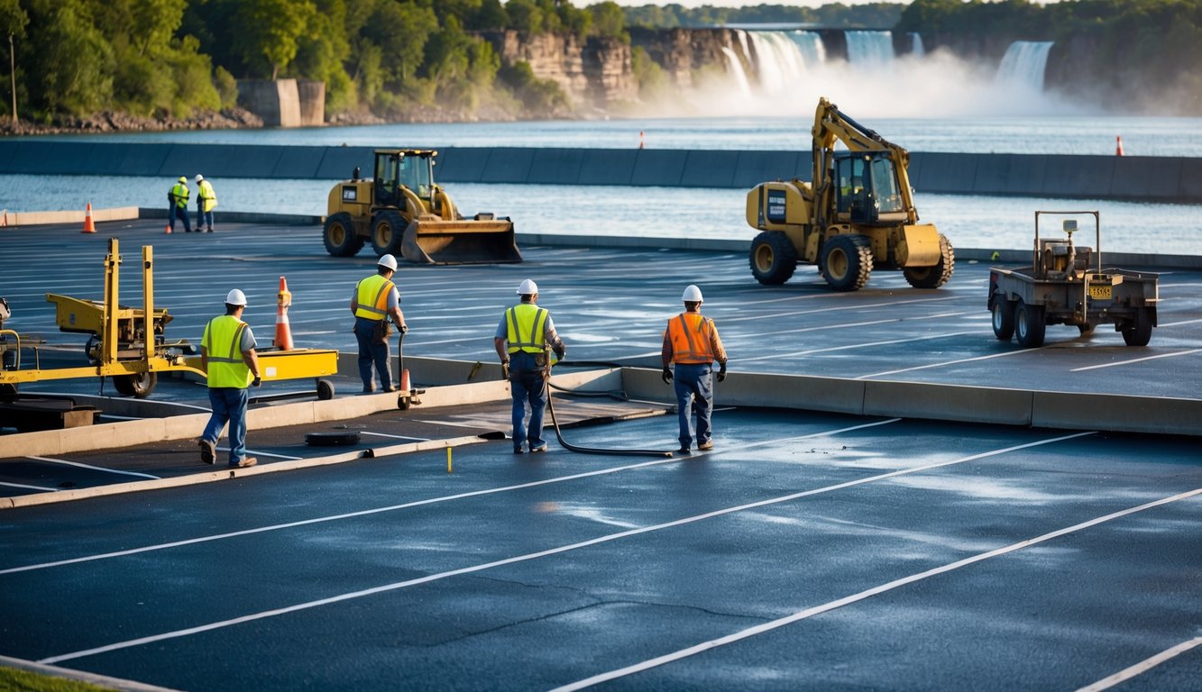 A crew repairing a large parking lot in Niagara Falls, with heavy machinery and workers in safety gear