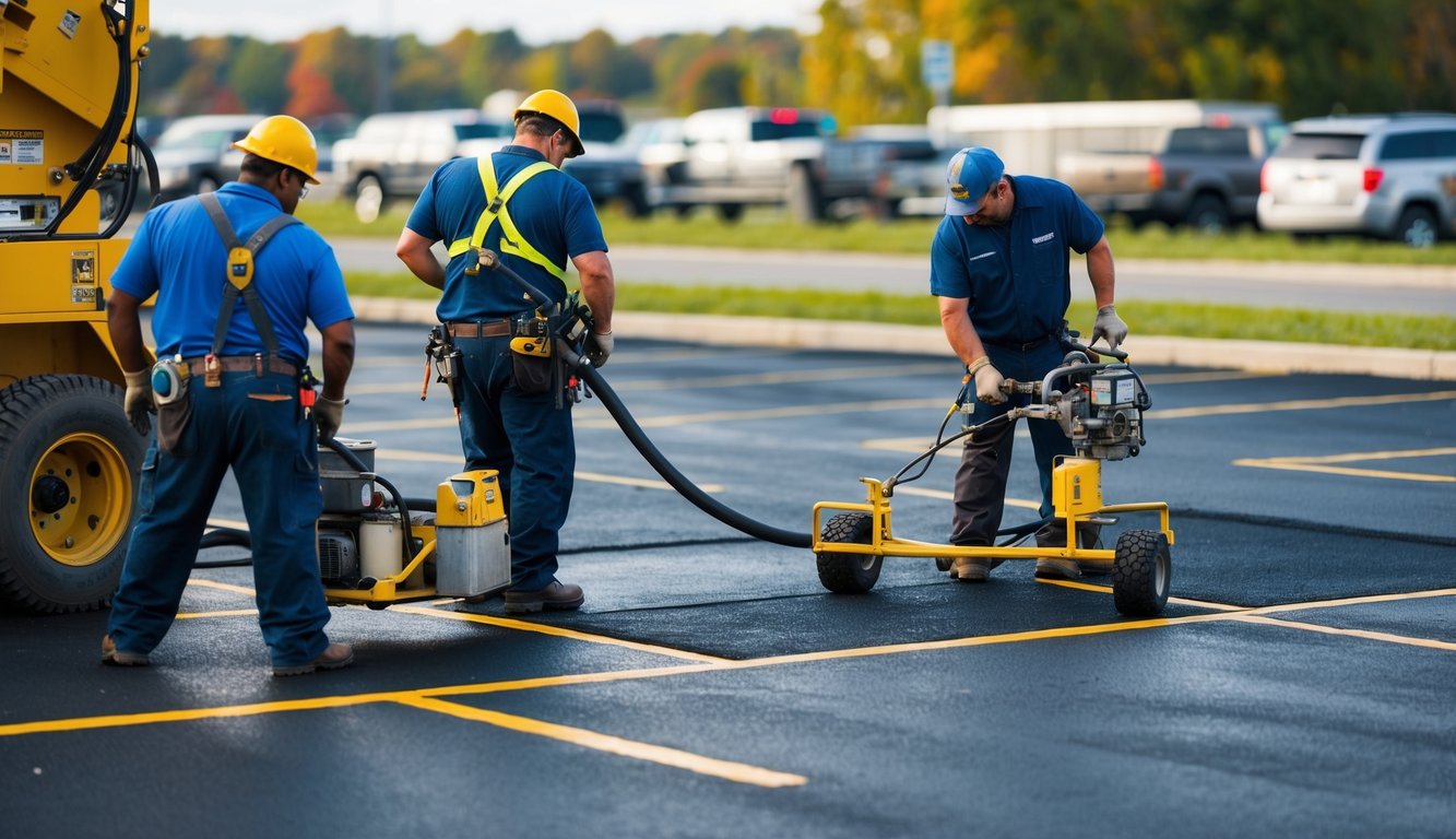 A crew of workers using specialized equipment to repair and enhance the asphalt surface of a business parking lot in Niagara Falls