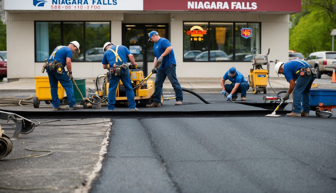 A crew of workers repairing a section of asphalt in front of a business in Niagara Falls. Machinery and tools are scattered around the work area