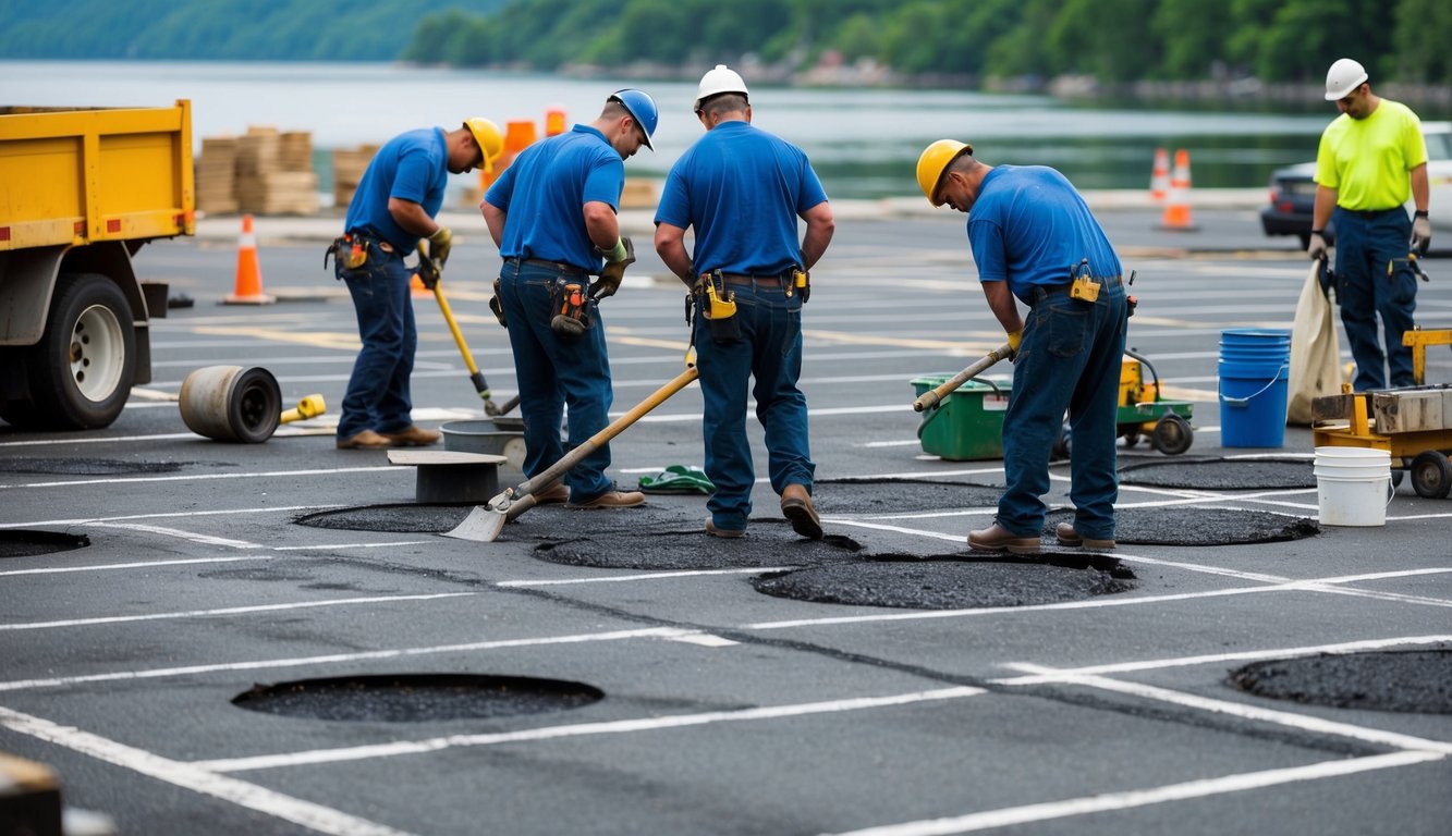 A crew of workers repairing a pothole-ridden parking lot in Niagara Falls, with equipment and materials for asphalt repair scattered around