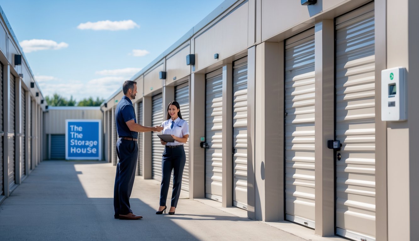 A modern self-storage facility with rows of storage units and a staff member assisting a customer near a keypad entry.
