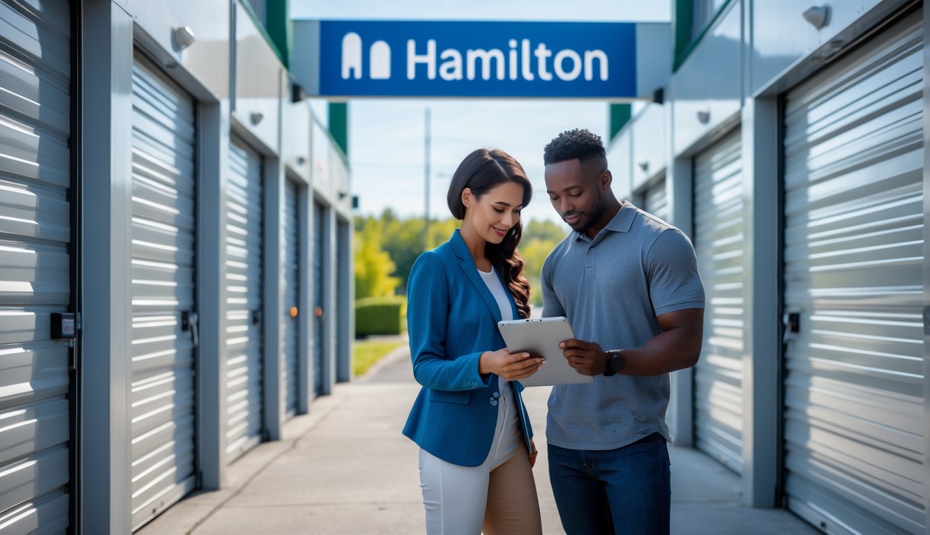 A couple discussing storage unit options inside a clean, well-lit self storage facility hallway with multiple storage doors.
