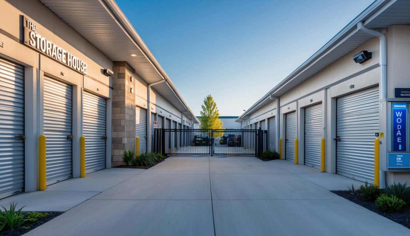 Exterior of a modern self storage facility with secured storage units, surveillance cameras, gated entrance, and landscaped surroundings.