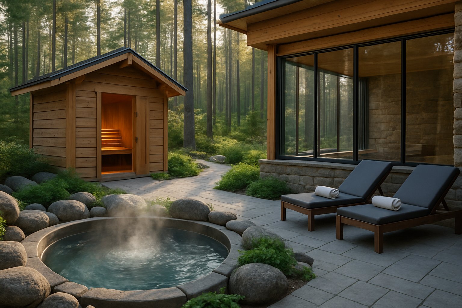 Outdoor Scandinavian spa with a hot tub, sauna cabin, and lounge chairs surrounded by trees and rocks.