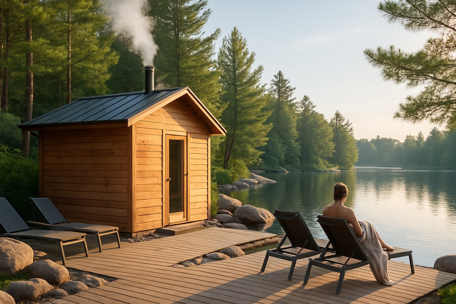A wooden sauna cabin near a calm lake surrounded by pine trees with a person wrapped in a towel relaxing outdoors.