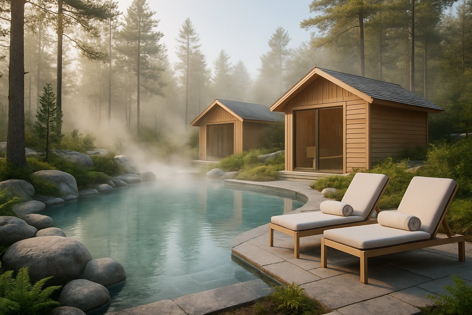 Outdoor Scandinavian spa with wooden sauna cabins, hot spring pool, and surrounding pine trees in a peaceful forest setting.