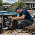 Technician repairing a pool heater unit