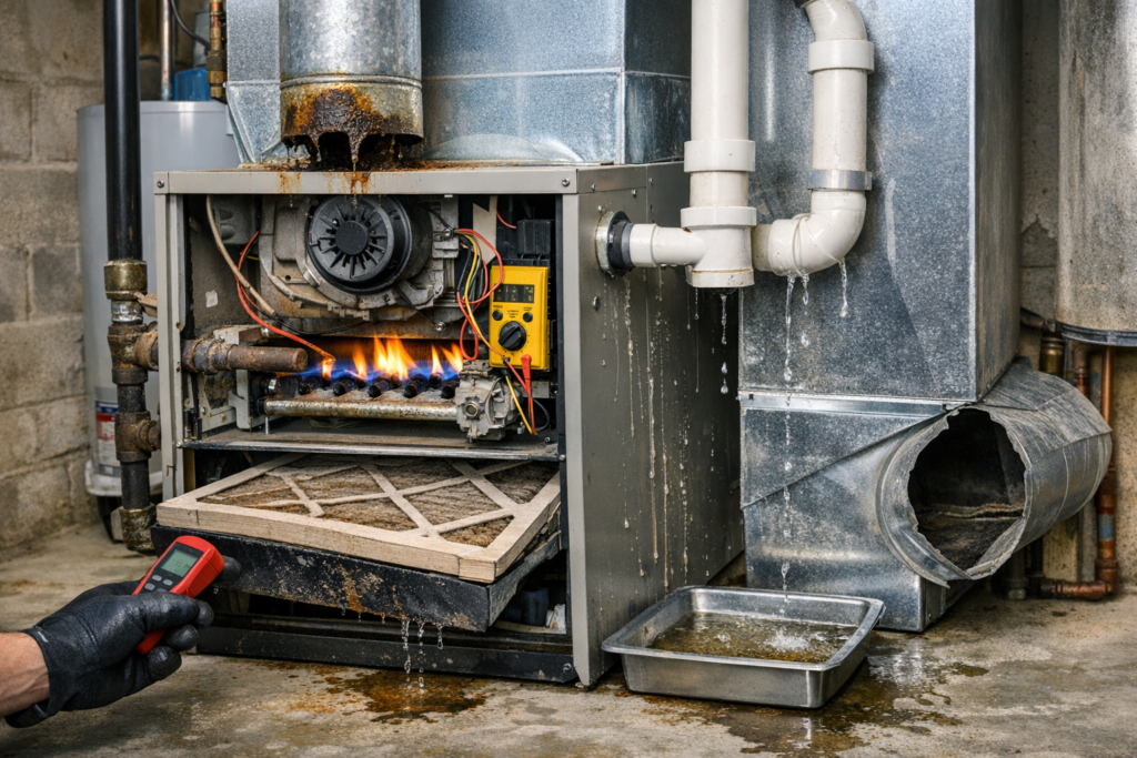 Open furnace with visible flames, water leaks, and damaged ductwork