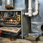 Open furnace with visible flames, water leaks, and damaged ductwork